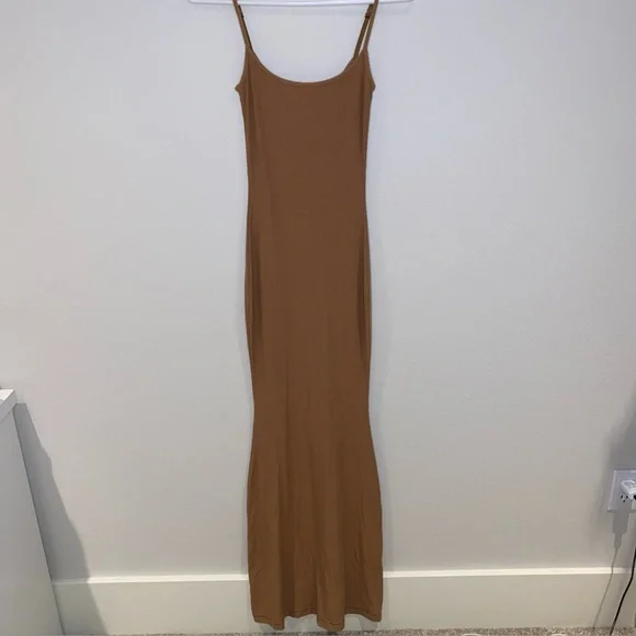 SKIMS Soft Lounge Ribbed Long Slip Dress Maxi Camel Caramel Size Small Stretchy - Picture 2 of 8